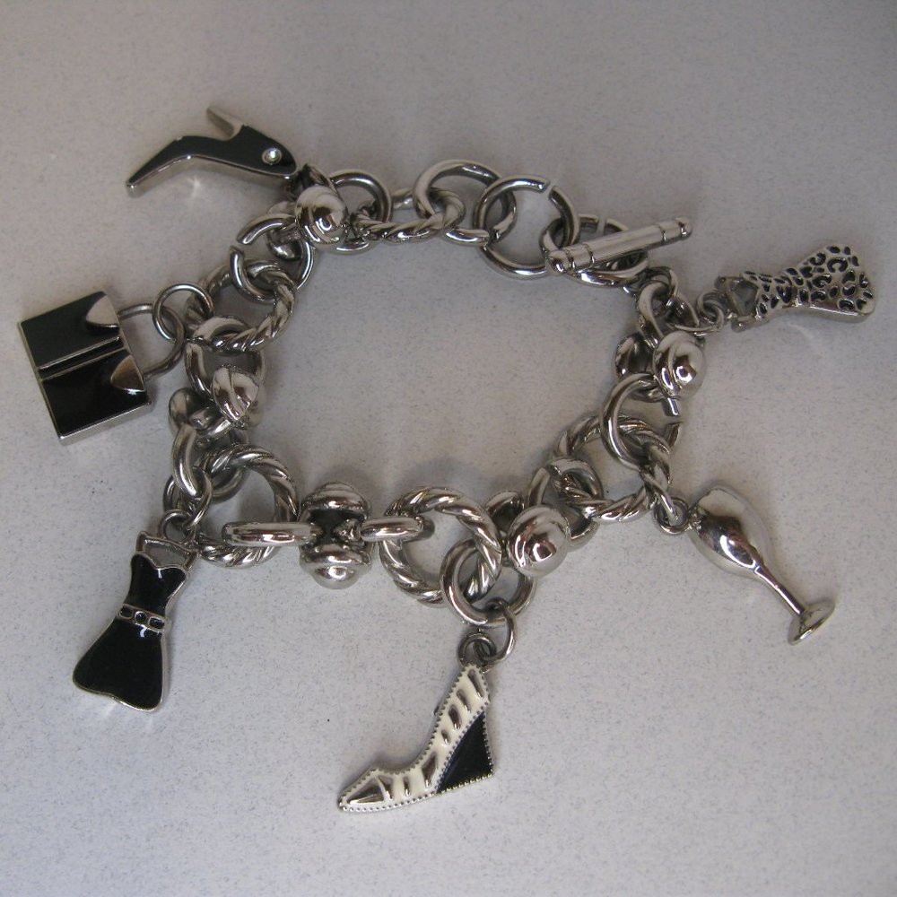 Glam Style Black Enamel Silver Toggle Clasp Charm Bracelet 8" L